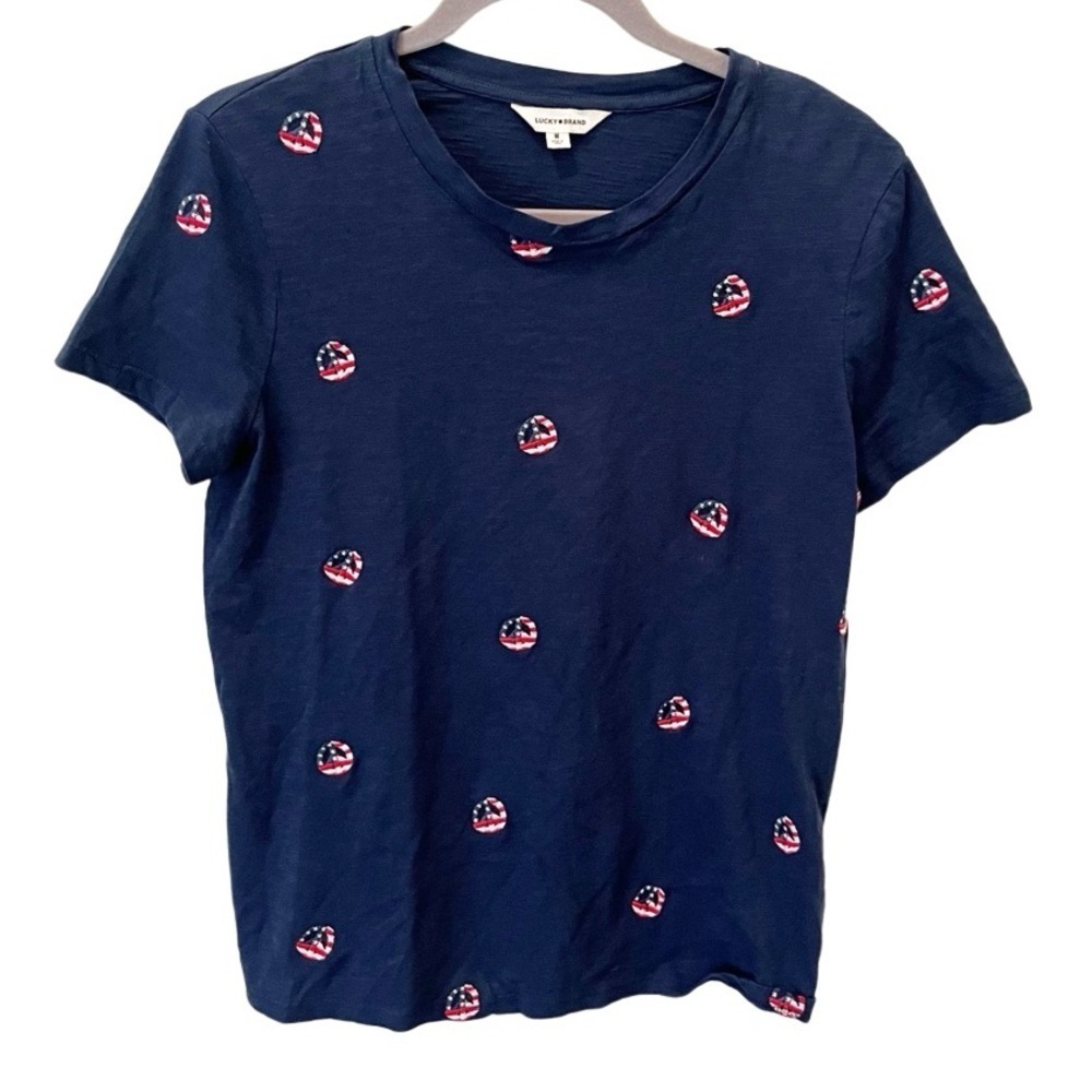 Lucky‎ Brand Shirt Women's Medium Navy Blue Burnout Crew Neck Embroidered Peace